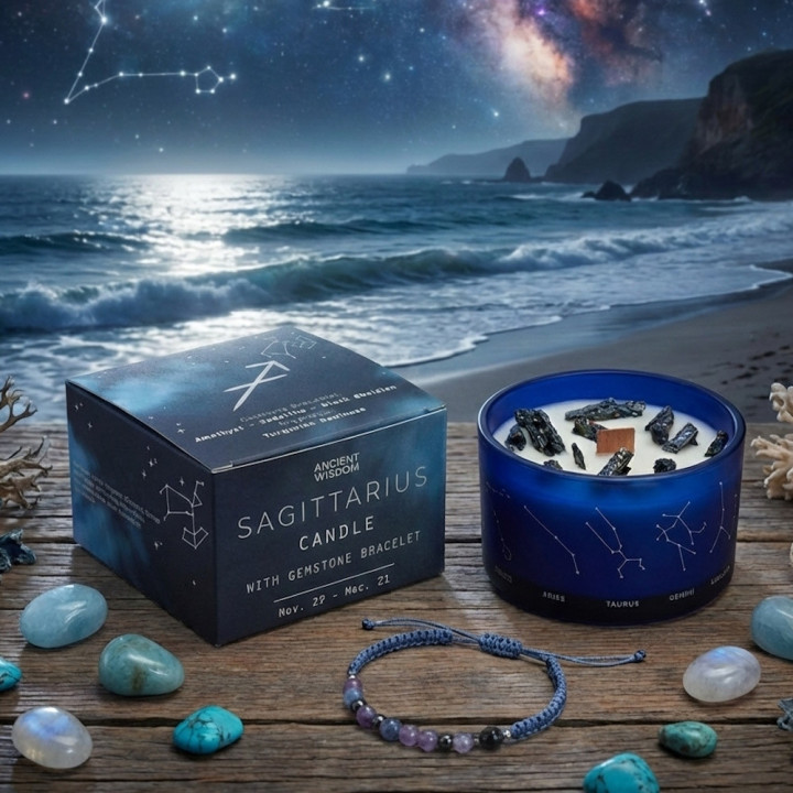 Świeca Zodiak Strzelec z Bransoletką – Ametyst, Sodalit, Obsydian | Zapach Turquoise Dewiness