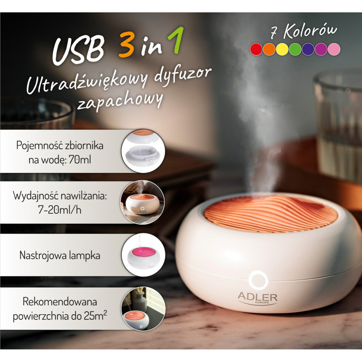 Dyfuzor zapachowy ultradźwiękowy 3w1 | Aromaterapia USB LED