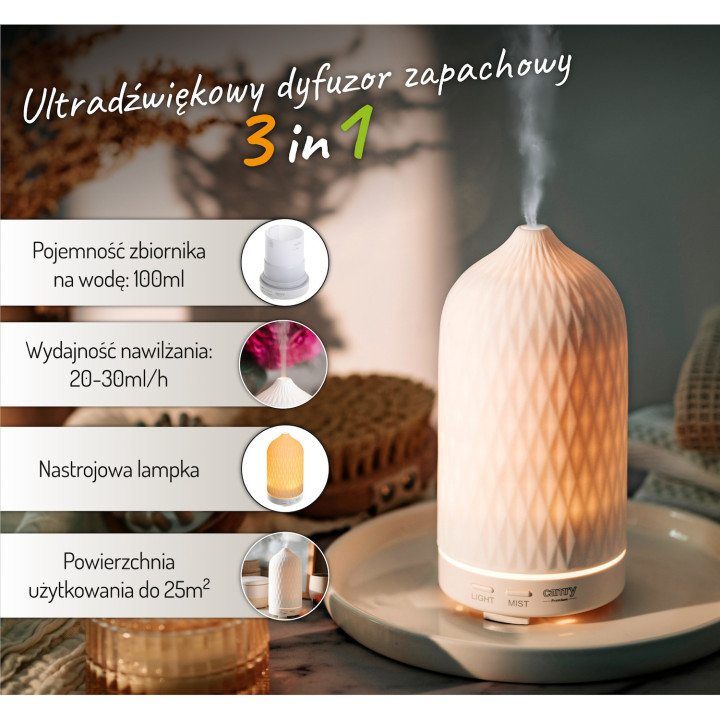 Ultradźwiękowy dyfuzor zapachowy 100ml do 25m2 3w1 | aromaterapia, nawilżanie, lampka