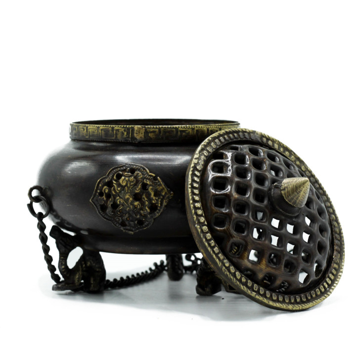 Duża Tybetańska Kadzielnica Wisząca – 4 Zwierzęta Feng Shui | Mosiądz & Rękodzieło