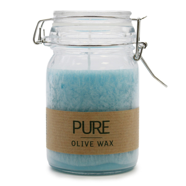 Świeca z wosku oliwkowego w słoiku kolor turkusowy – naturalny relaks i blask