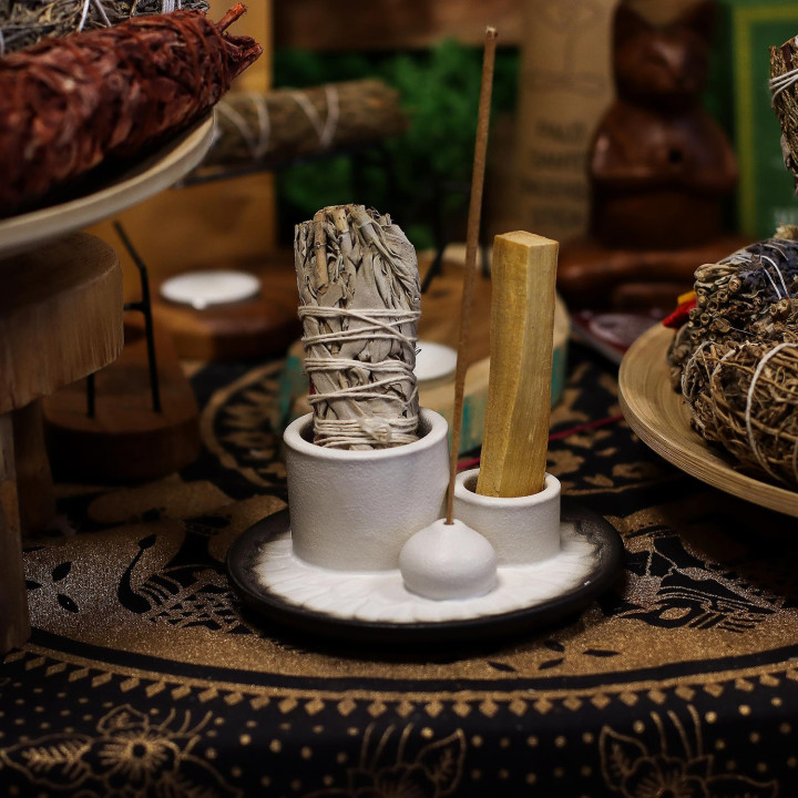 Podstawka Mandala na Palo Santo i Pęczek | Biało-czarna, Ceramika